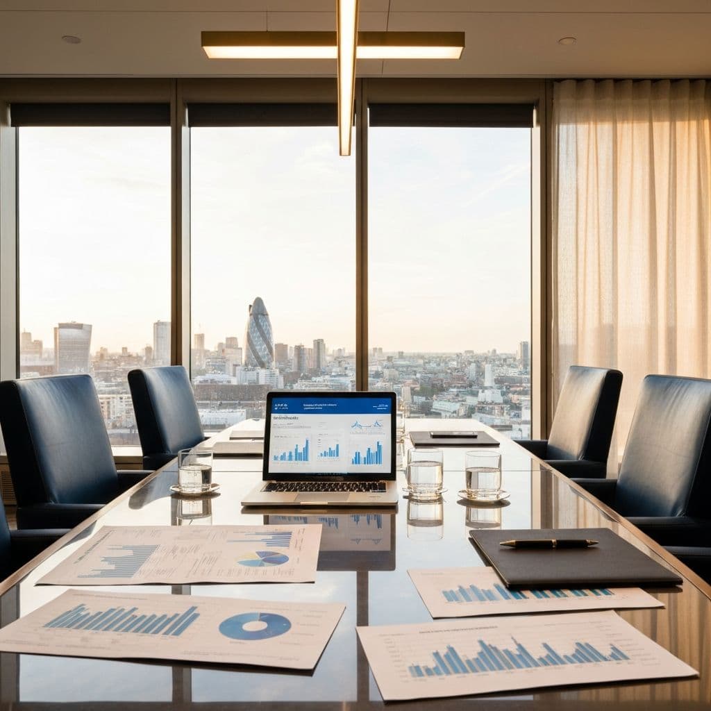 Strategic advisory boardroom with financial analytics and London skyline