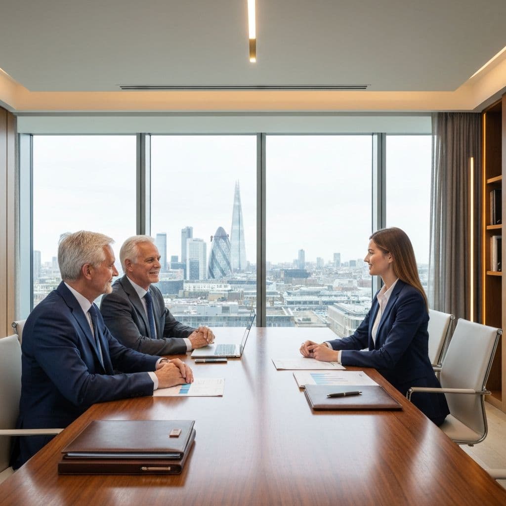 Multi-generational family meeting with wealth advisor in bright elegant office