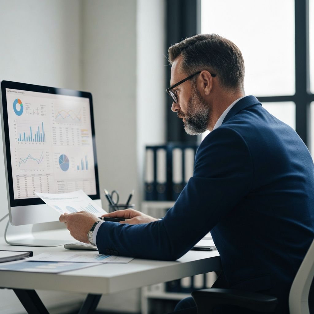 Financial analyst reviewing accounting reports and compliance documents on laptop